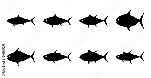 Photography Black silhouette shapes of different tuna fish species on a white background