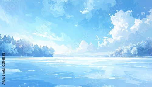 A serene landscape features a frozen expanse reflecting a bright, cloud-filled sky and distant forested trees in winter