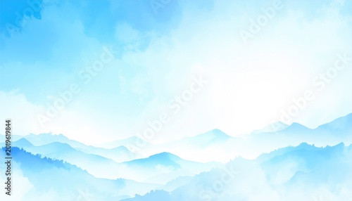 A serene landscape features soft, blue-hued mountain ranges fading into a bright sky with wispy clouds, evoking peace