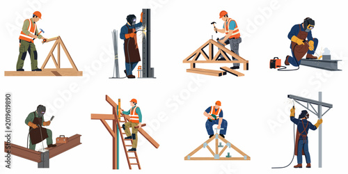 Cuadro en lienzo Collection of Construction Workers and Welders at Work on Wooden and Steel Struc