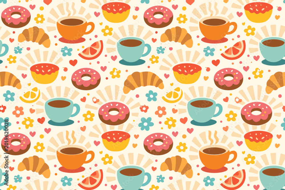 Fototapeta premium Bright and colorful pattern of coffee cups, donuts, croissants, and flowers on a light background for a fun and cheerful design