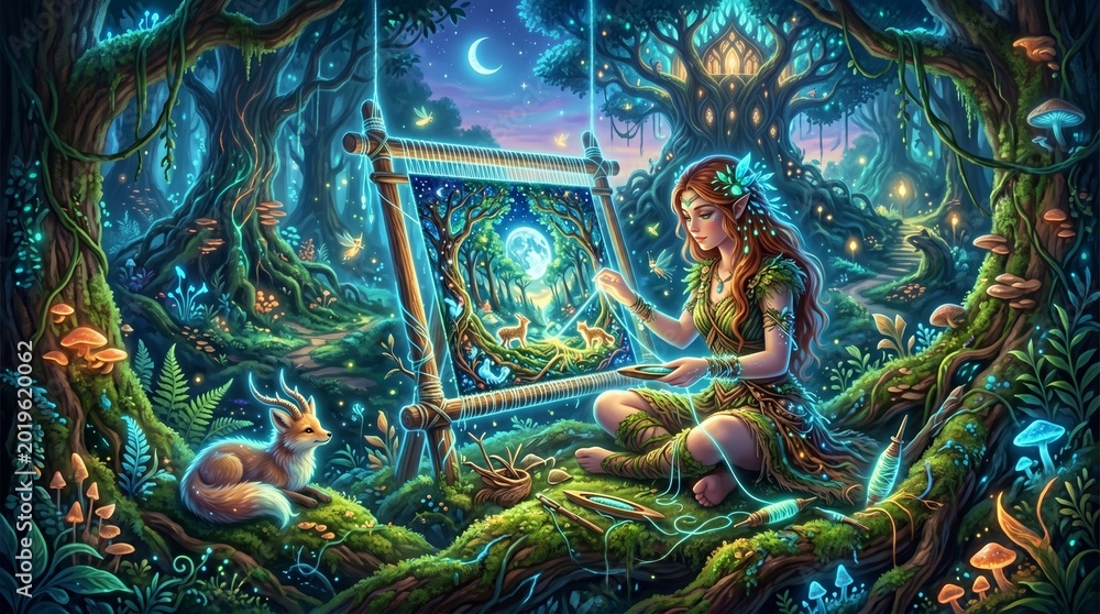 Obraz premium Enchanting Weaver: A mystical female figure weaves a captivating tapestry within an enchanted forest, her skill blending seamlessly with the magical surroundings.