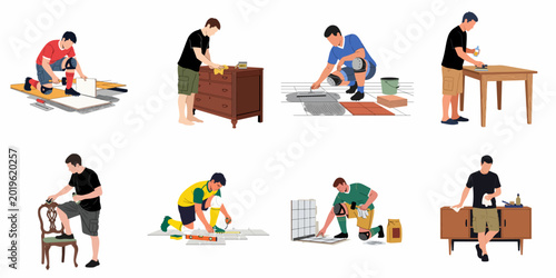 Quadro su tela Vector illustrations set of men engaged in home improvement tasks, including floor tiling, furniture refinishing, and wood polishing on white background