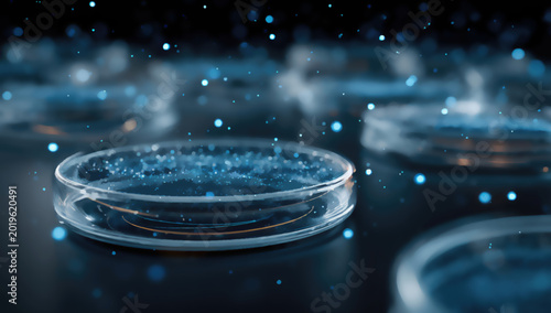 Microscopic particles float above petri dishes in a scientific laboratory setting