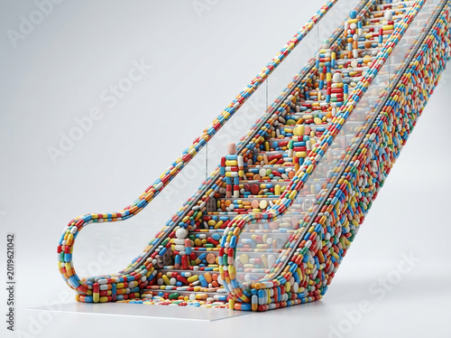 Conceptual Escalator Covered in Colorful Medical Pills and Capsules