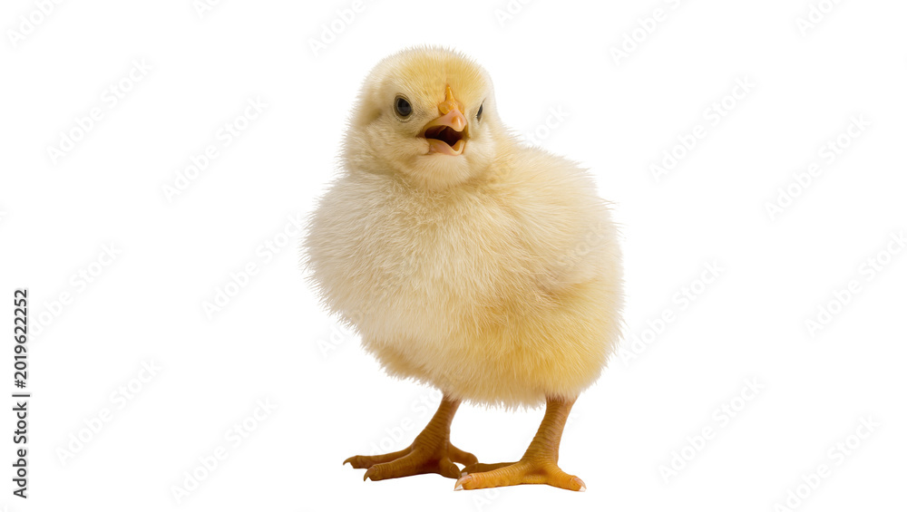 Fototapeta premium Fluffy yellow chick with open beak, isolated on transparent background