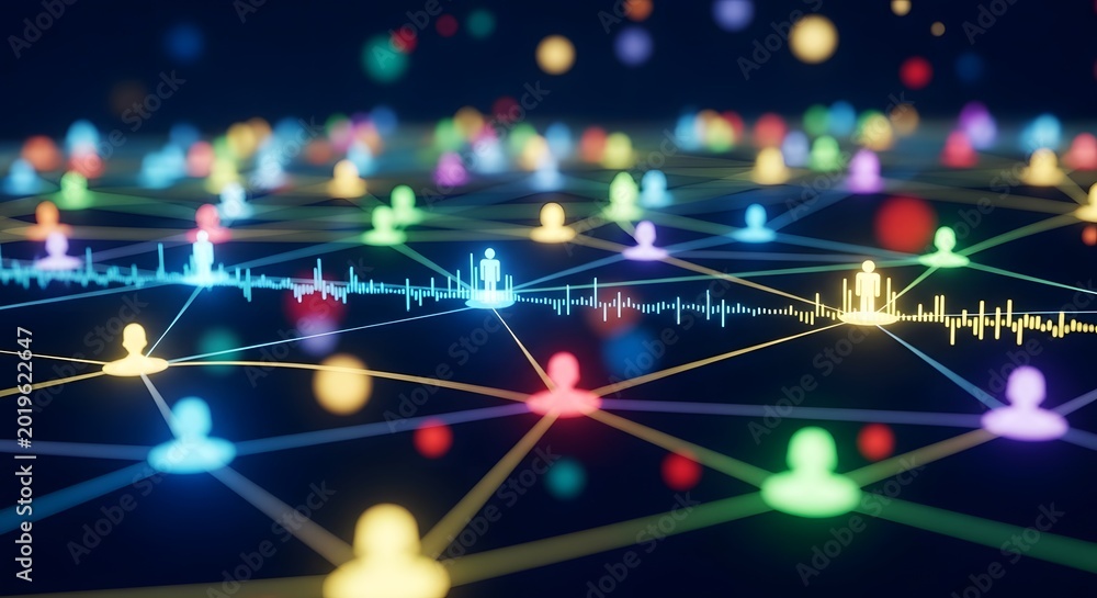 Obraz premium Vibrant digital network connections with glowing nodes and people