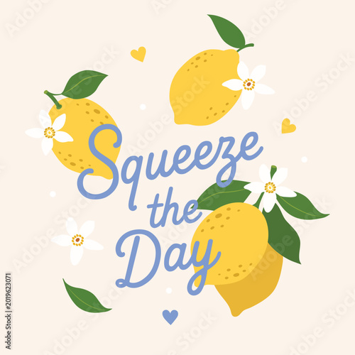 Φωτογραφία Whimsical lemon illustration with floral accents and “Squeeze the Day” lettering in pastel blue