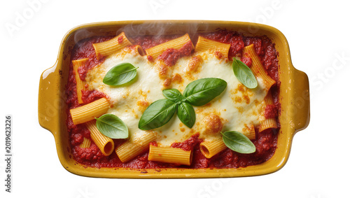 Fotografía Hot rigatoni pasta bake with melted mozzarella cheese and fresh basil, isolated