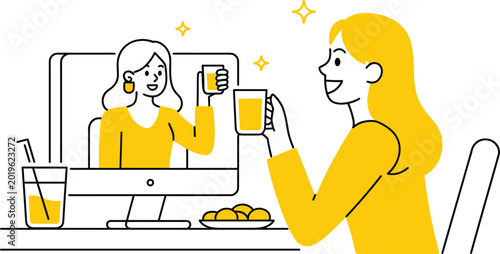Foto Woman enjoying fresh orange juice while video calling with cheerful friend at br
