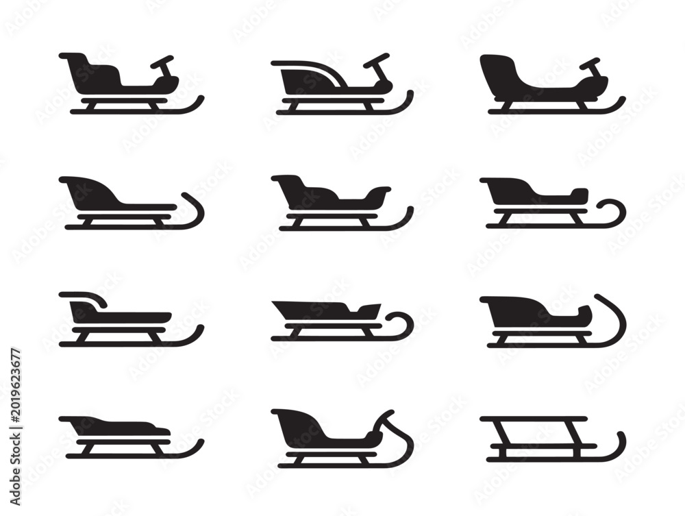 Obraz premium Set of winter sleds and sleighs vector line art illustration