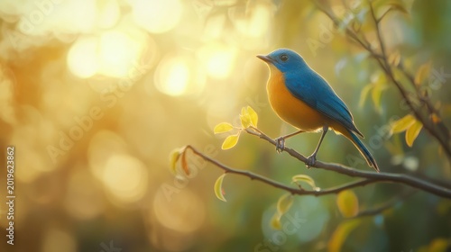 Blue bird perched on branch at sunrise