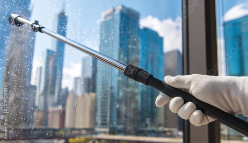 Professional window cleaning service using extension pole with squeegee tool on glass window of modern skyscraper in city