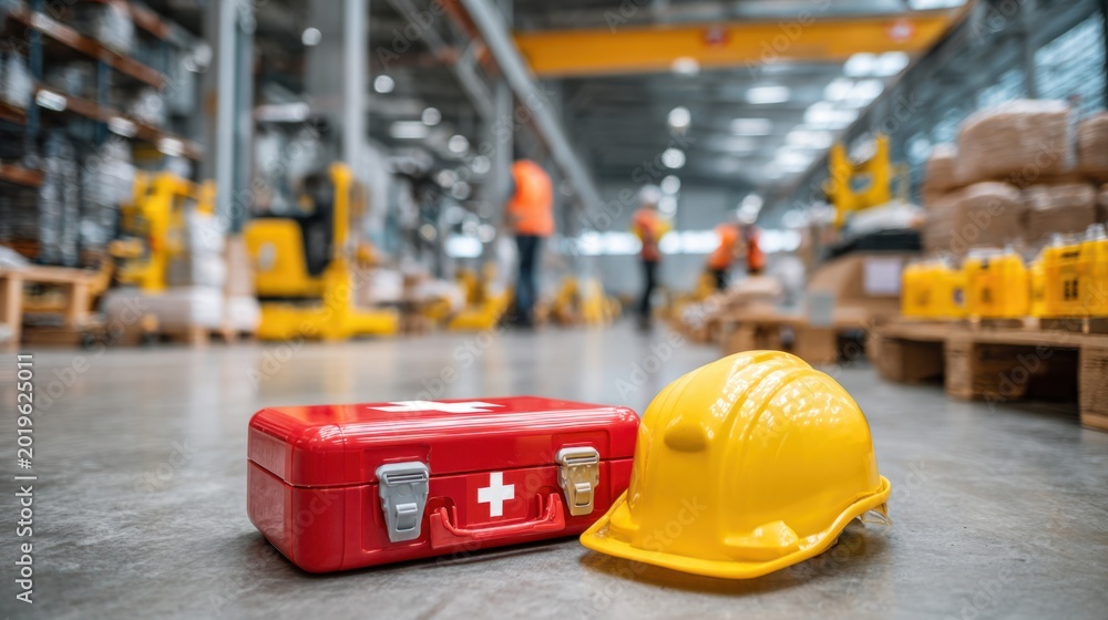 Fototapeta premium Red first aid kit with silver latches and yellow construction helmet resting on warehouse floor