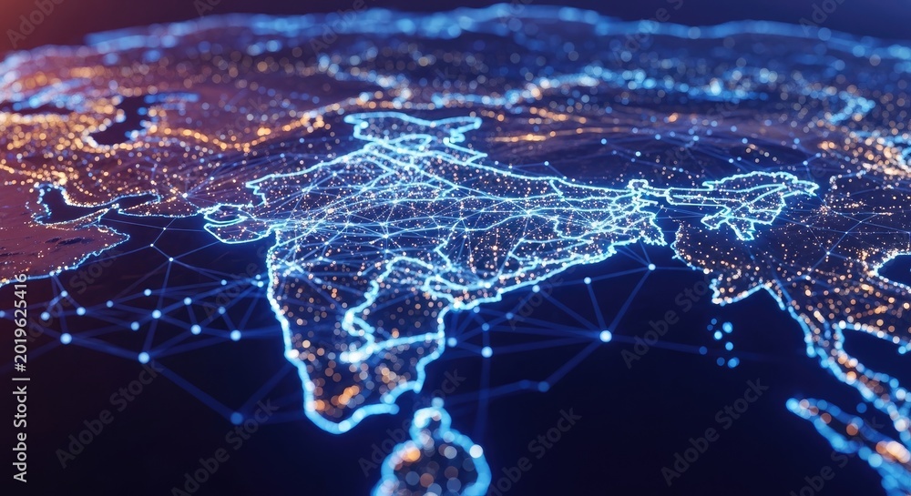 Naklejka premium India independence day futuristic network map with glowing city lights