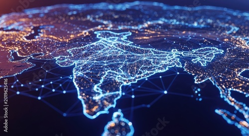 India independence day futuristic network map with glowing city lights