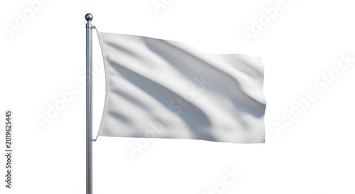 Plain white flag waving on silver flagpole against white background