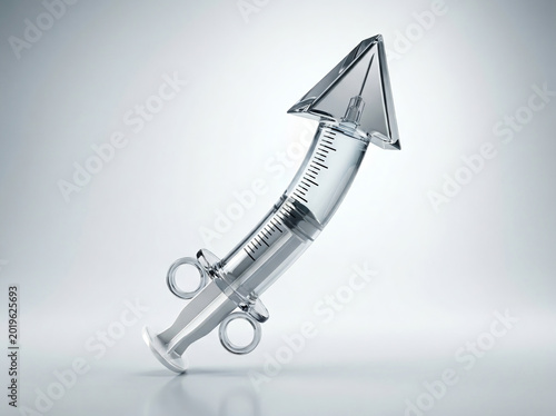 Conceptual syringe with upward arrow symbolizing medical growth