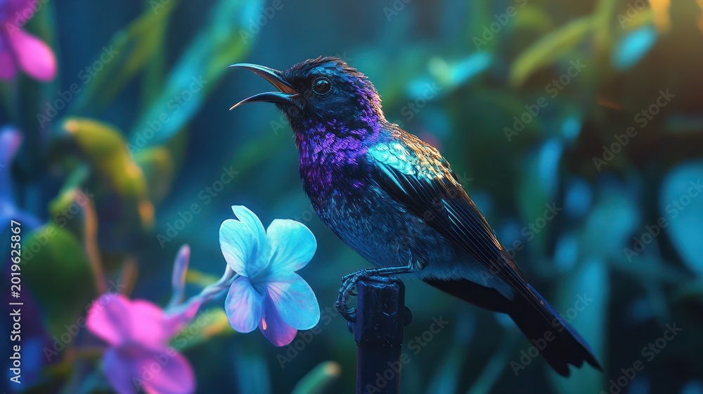 Fototapeta premium Colorful Hummingbird on Flower, Night Scene. Possible Use Stock photo