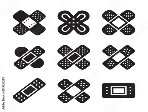 Vector bandage illustrations with adhesive strips and medical pad set