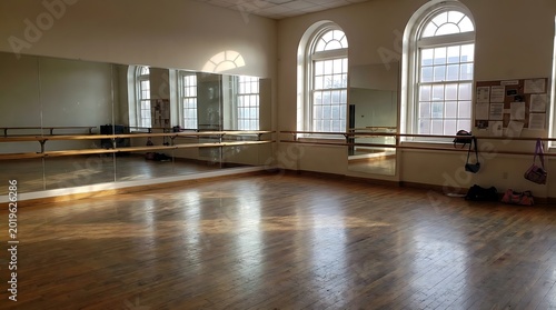 A spacious dance studio with wooden floors and mirrors along the wall
