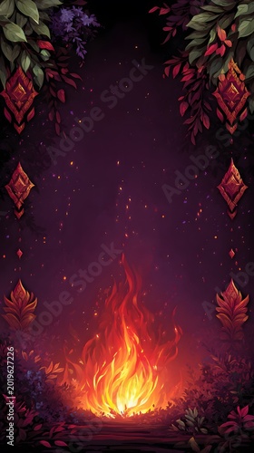 Fantasy Fireplace Background with Decorative Elements and Foliage for Festive Occasions