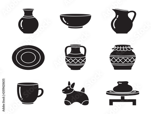 Vector set of black ceramic tableware and pottery items on gray background