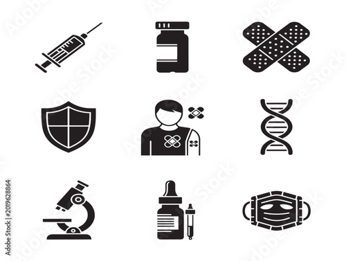 Vector icons of medical and science symbols set on white background