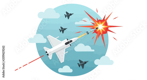 Foto Fighter Jet Engaged in Aerial Combat with Missile Launch and Explosion