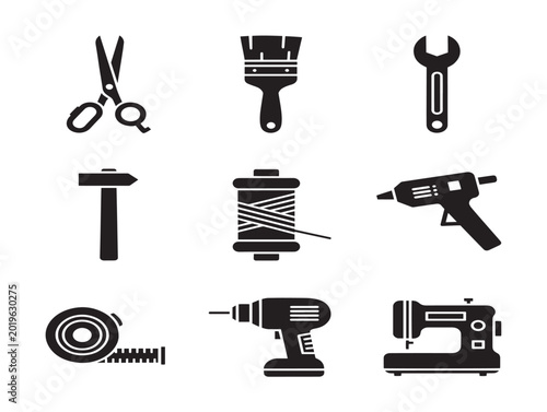 Vector set of crafting and sewing tools in flat line art style