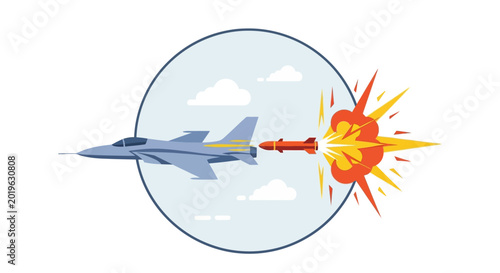 Schilderij op canvas Military Jet Firing Missile in Dynamic Combat Scene.