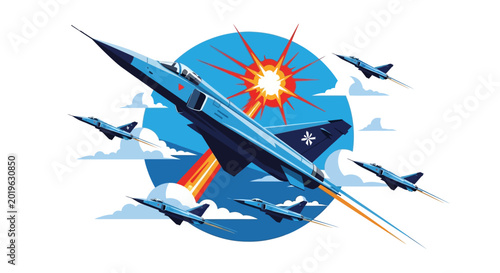 Tablou pe pânză Military Jet in Dynamic Air Combat Scene with Explosions.