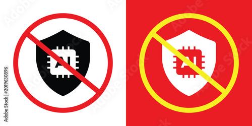 Foto AI security prohibition icons featuring an AI chip on a shield with a red strike-through