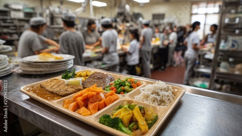 School lunch tray featuring colorful fresh vegetables and grains served in an institutional cafeteria setting