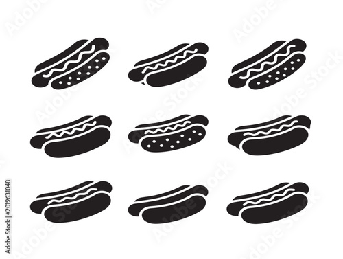 Set of nine vector hot dogs with mustard illustration