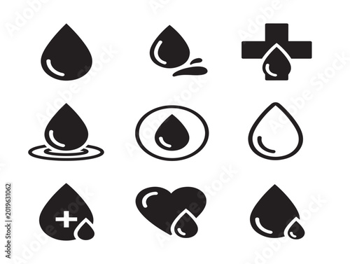 Set of nine minimalist vector blood drop and medical symbols