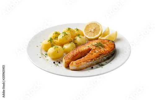 Fried salmon fillet with tender boiled potatoes and a lemon wedge, presented on a white plate with a clean white background.
