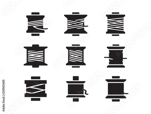 Vector set of thread spools and sewing machine bobbins in line art style