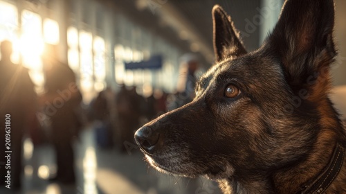 Security dog with alert expression at airport security check, engaged in patrol and inspection, k9 working dog in service uniform