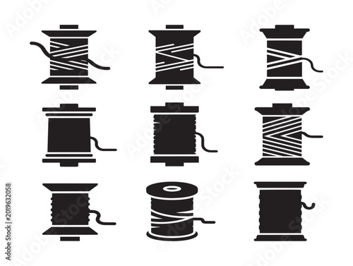 Vector illustration of nine thread spools in line art style