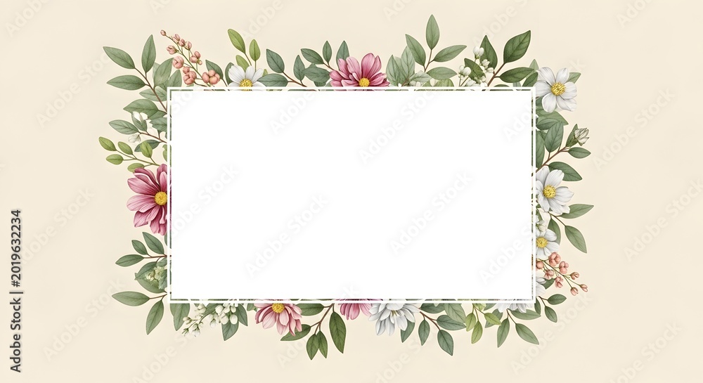 Fototapeta premium Rectangular Floral Border with Pink and White Flowers for Wedding Cards