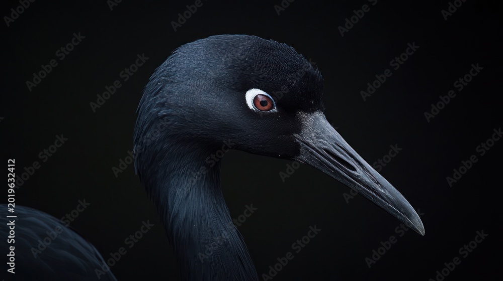 Fototapeta premium Close-up profile of black bird against dark background