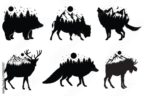 Foto Bear Wolf Deer Moose Bison Fox Silhouette Mountains Forest