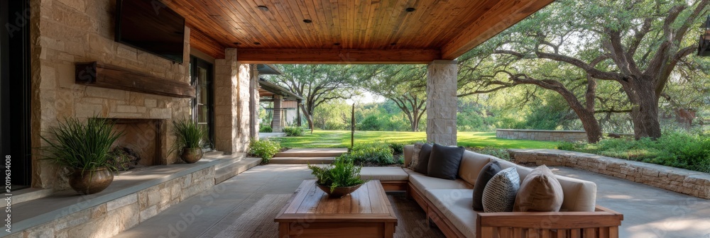 Fototapeta premium Covered outdoor living area wooden ceiling stone fireplace sectional sofa coffee table overlooking oak trees lawn