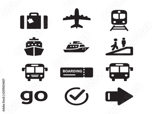 Vector travel icons set with boarding sign and transportation symbols