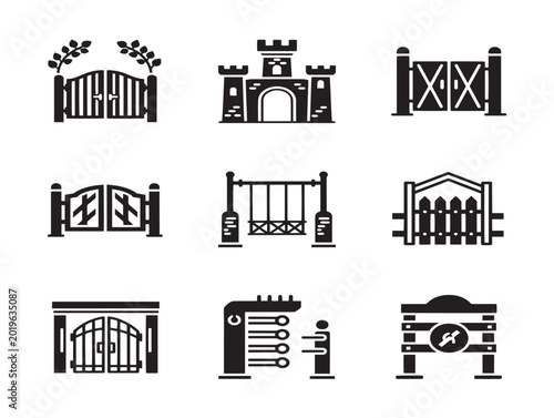 Set of nine vector gate and archway illustrations in black line art style