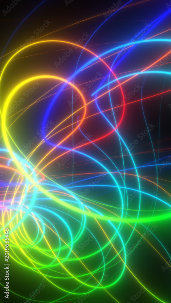 Fototapeta premium Colorful neon light trails and glowing curves forming an abstract futuristic background with soft blur and gradient glow