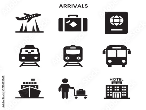 Vector travel icons set with arrivals transport and hotel symbols