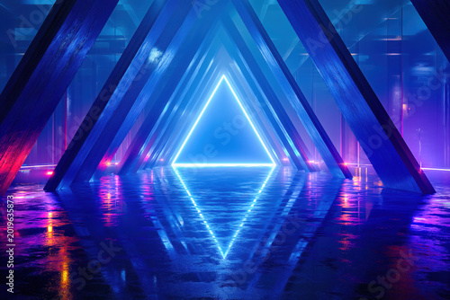 Futuristic neon triangle glowing inside dark reflective tunnel