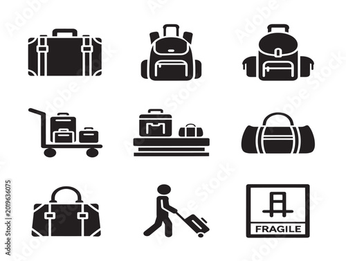 Vector luggage and travel icons set with fragile label and person pulling suitcase